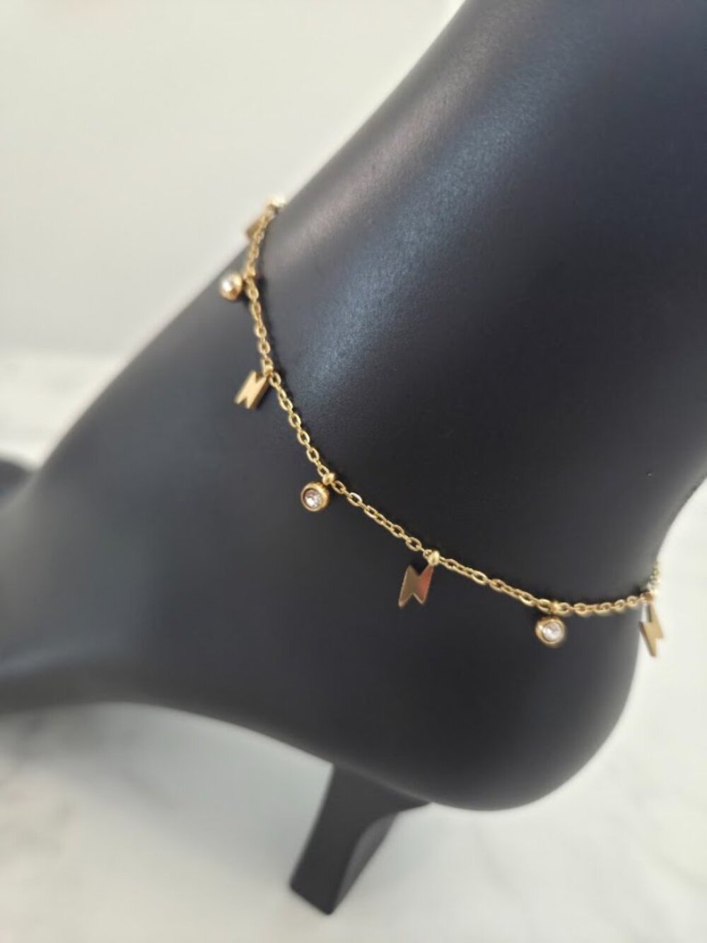 Gold Lightning Bolt & Crystal Charm Anklet Dainty Stainless Steel Jewelry - Picture 6 of 15